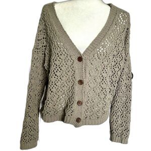 Artelier‎ Nicole Miller Button Knit open weave Cardigan Sweater Khaki Size XL